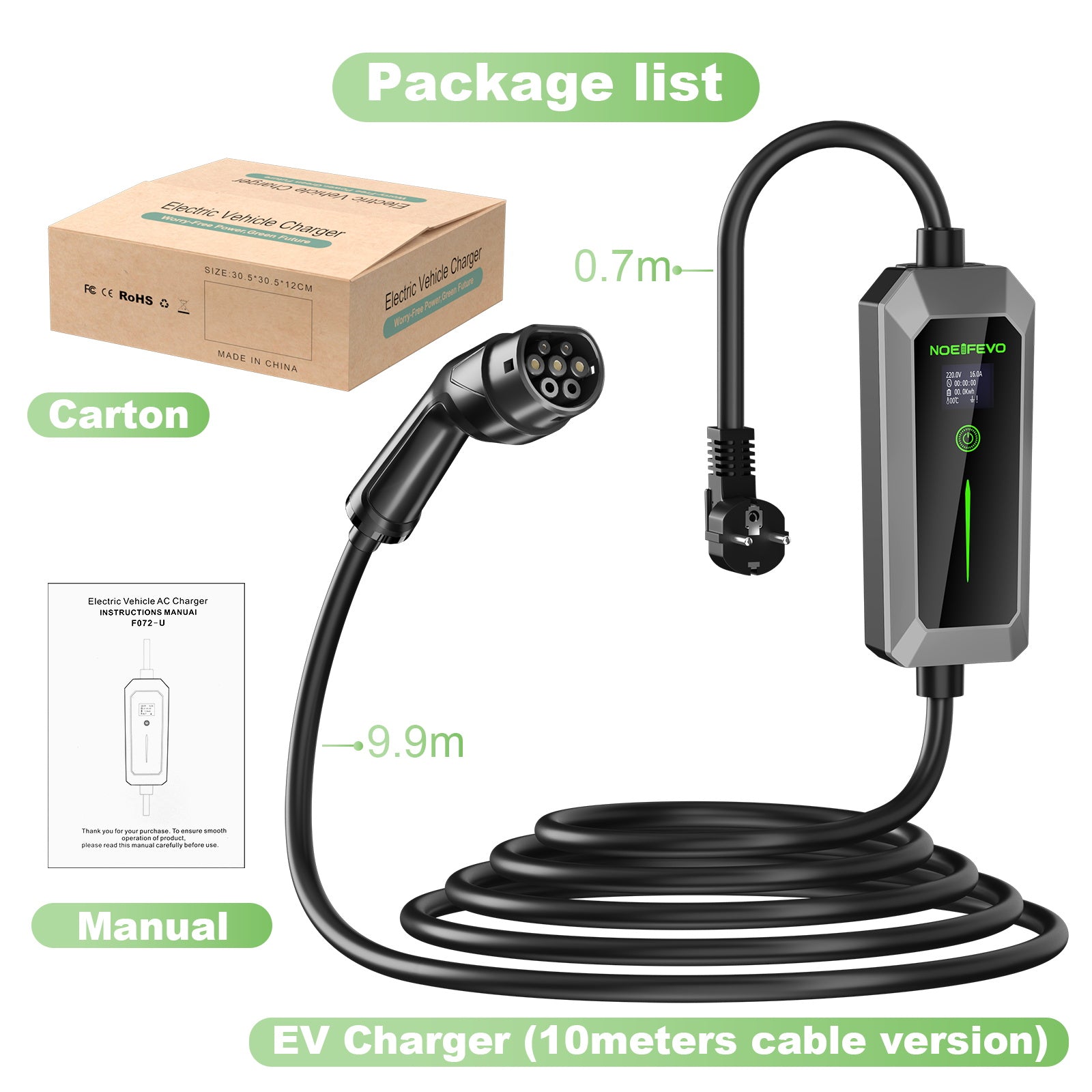 NOEIFEVO Type 2 3,5 kW EV-lader, mobil EV-ladekabel med Schuko, 5M/10M ladekabel, regntett, utendørs bruk