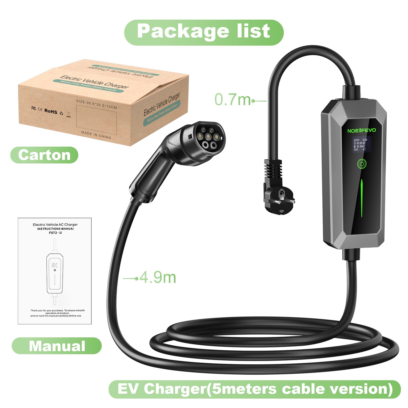 NOEIFEVO Type 2 3,5 kW EV-lader, mobil EV-ladekabel med Schuko, 5M/10M ladekabel, regntett, utendørs bruk