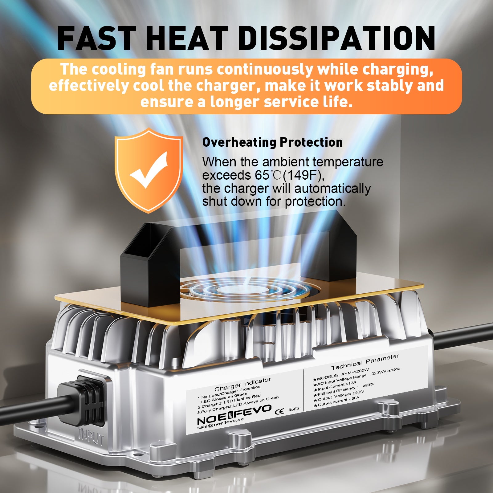 Noeifevo 29.2V 30A LiFePO4 batterijlader voor 24V 25.6V lithium-ionbatterij, waterdicht, 0V BMS-activering, automatische uitschakeling