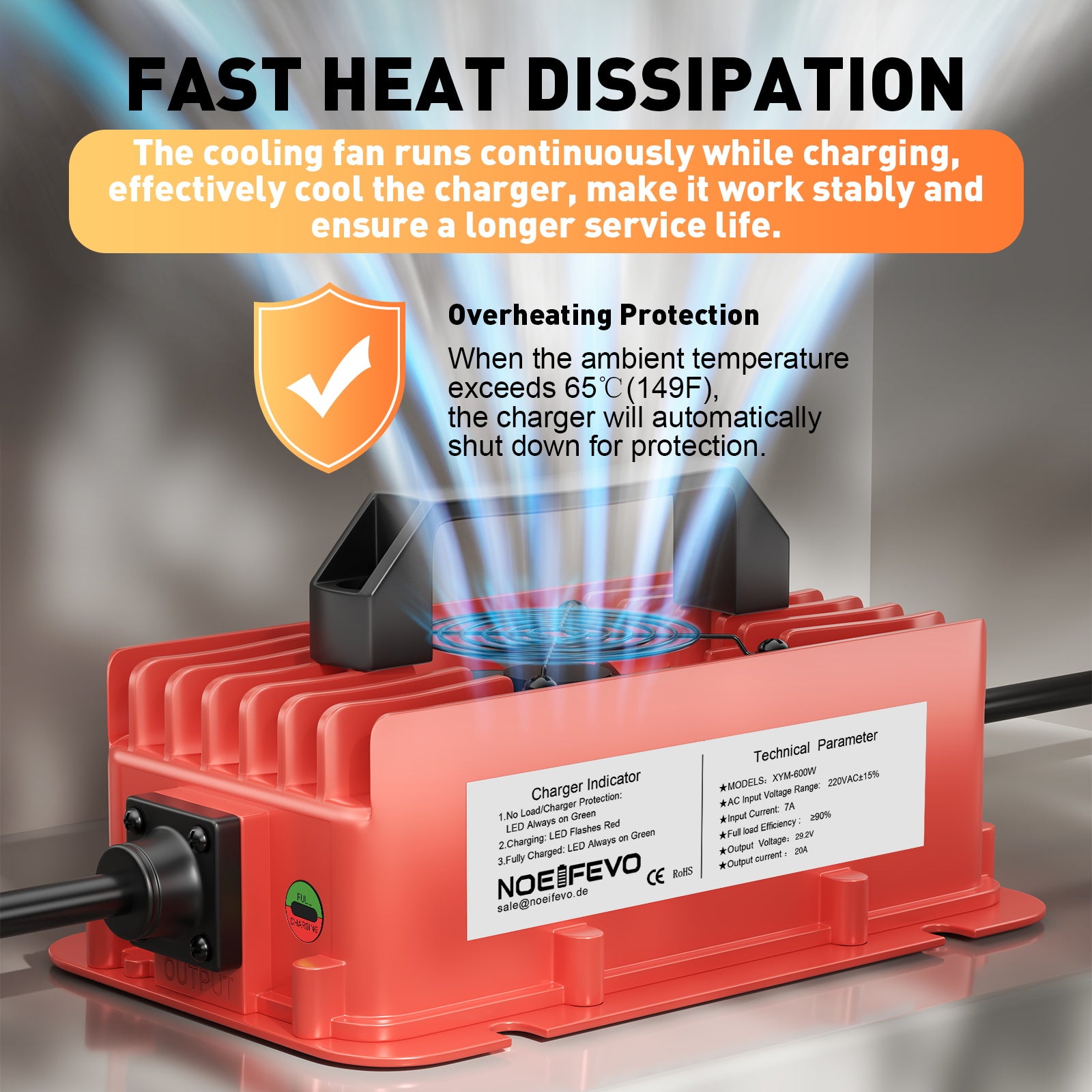 NOEIFEVO 29,2 V 20A Carregador de bateria LiFePO4 à prova de água para bateria de lítio 25,6 V (24 V) 8 S, ativação BMS de 0 V, com proteção total
​