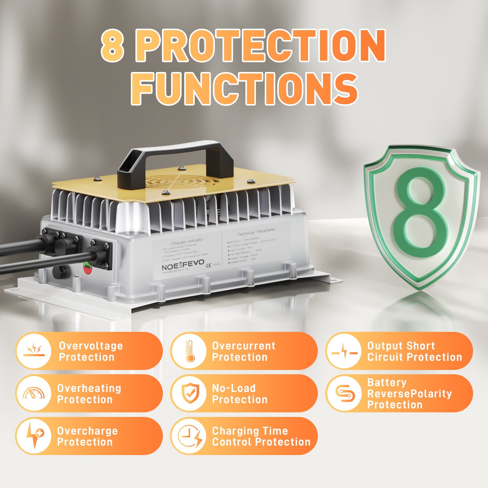 NOEIFEVO 58.4V 50A מטען סוללות LiFePO4 עבור 51.2V (48V) 16S LiFePO4 סוללה, עמיד למים, 0V BMS מופעל