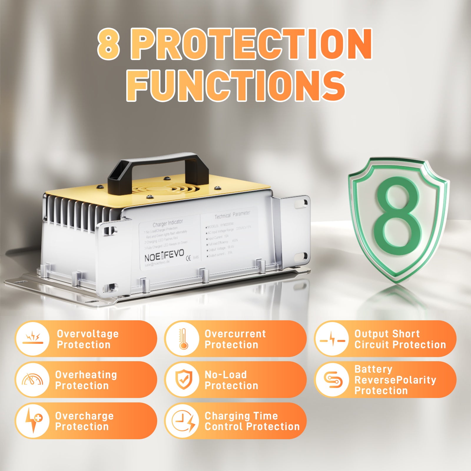 NOEIFEVO 51,2V 48V 16S LiFePO4-lader, 58,4V 35A oplader til solbatterier, golfvognsbatterier og bådbatterier, vandtæt, 0V BMS-aktiveret