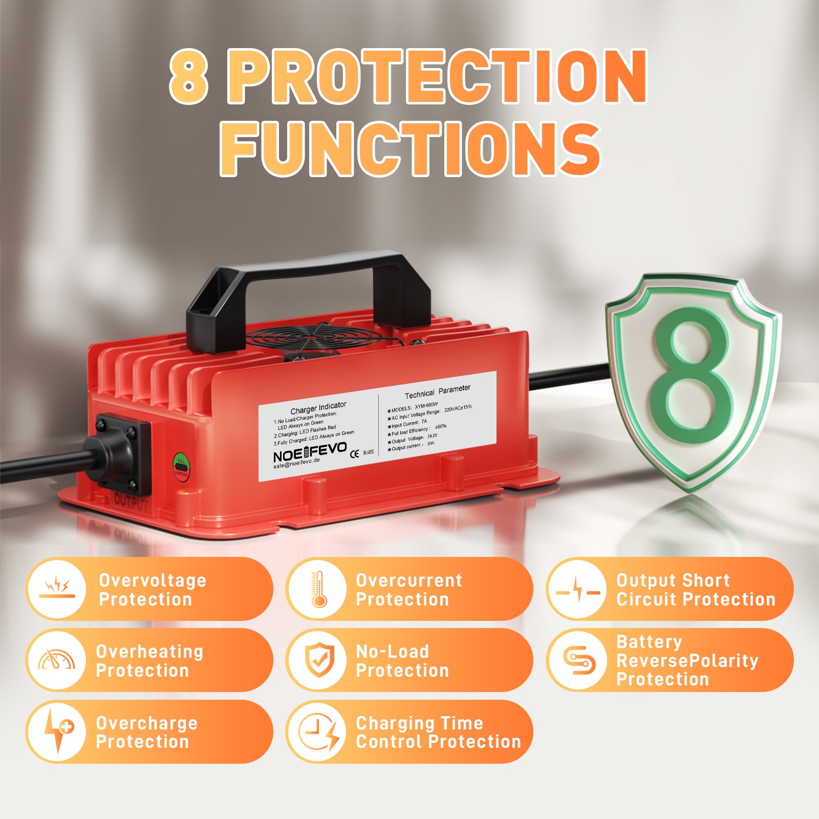 NOEIFEVO 29,2 V 20A Carregador de bateria LiFePO4 à prova de água para bateria de lítio 25,6 V (24 V) 8 S, ativação BMS de 0 V, com proteção total
​