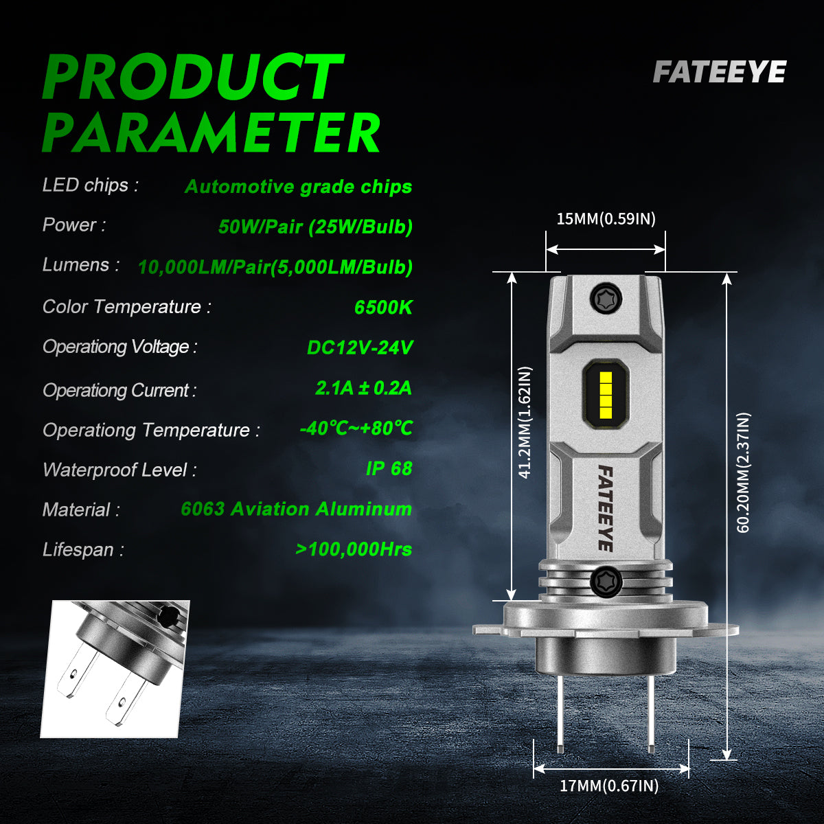 2 pezzi di fari auto 50W 10000 lumen, lampadina LED H7.