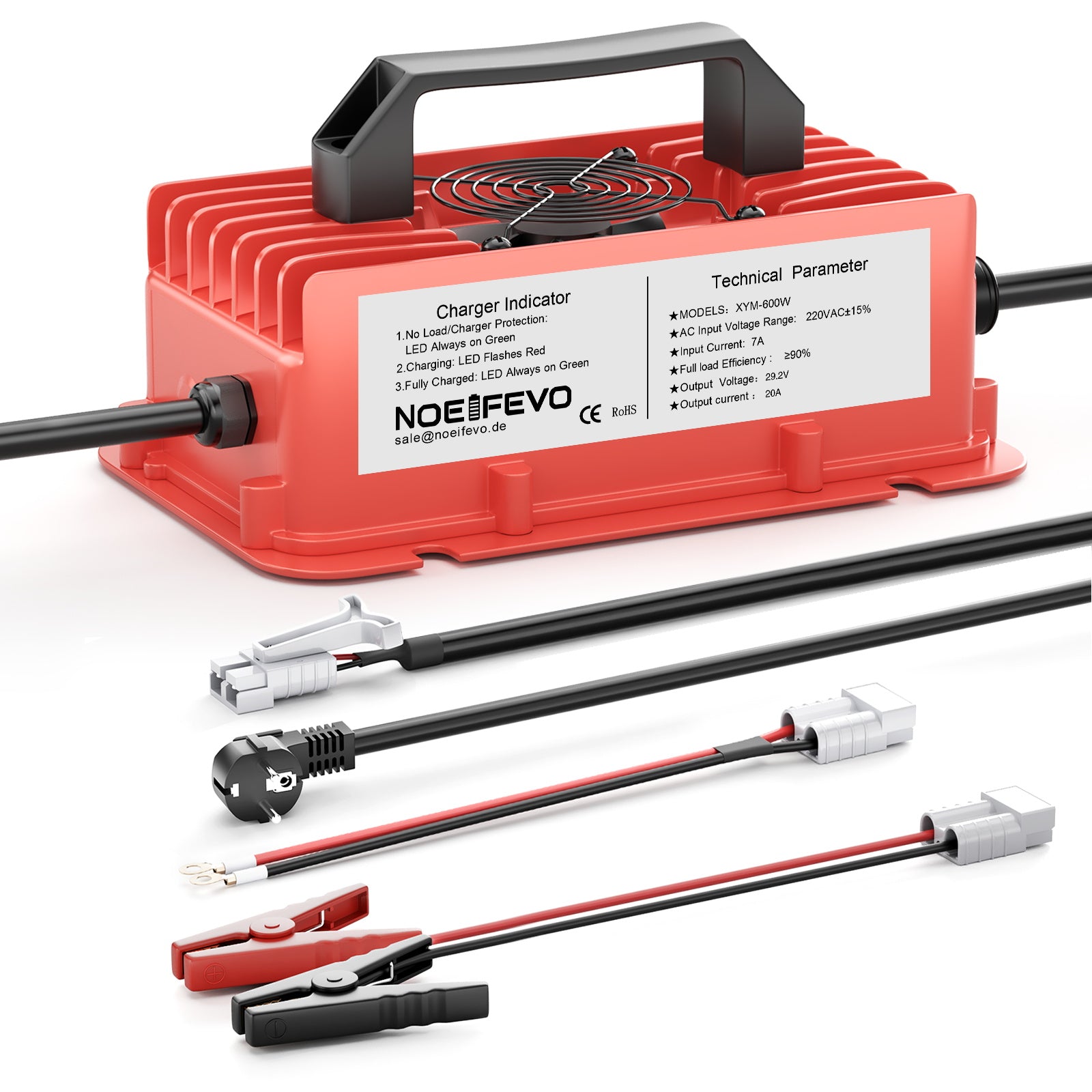 NOEIFEVO 29,2 V 20A Carregador de bateria LiFePO4 à prova de água para bateria de lítio 25,6 V (24 V) 8 S, ativação BMS de 0 V, com proteção total
​