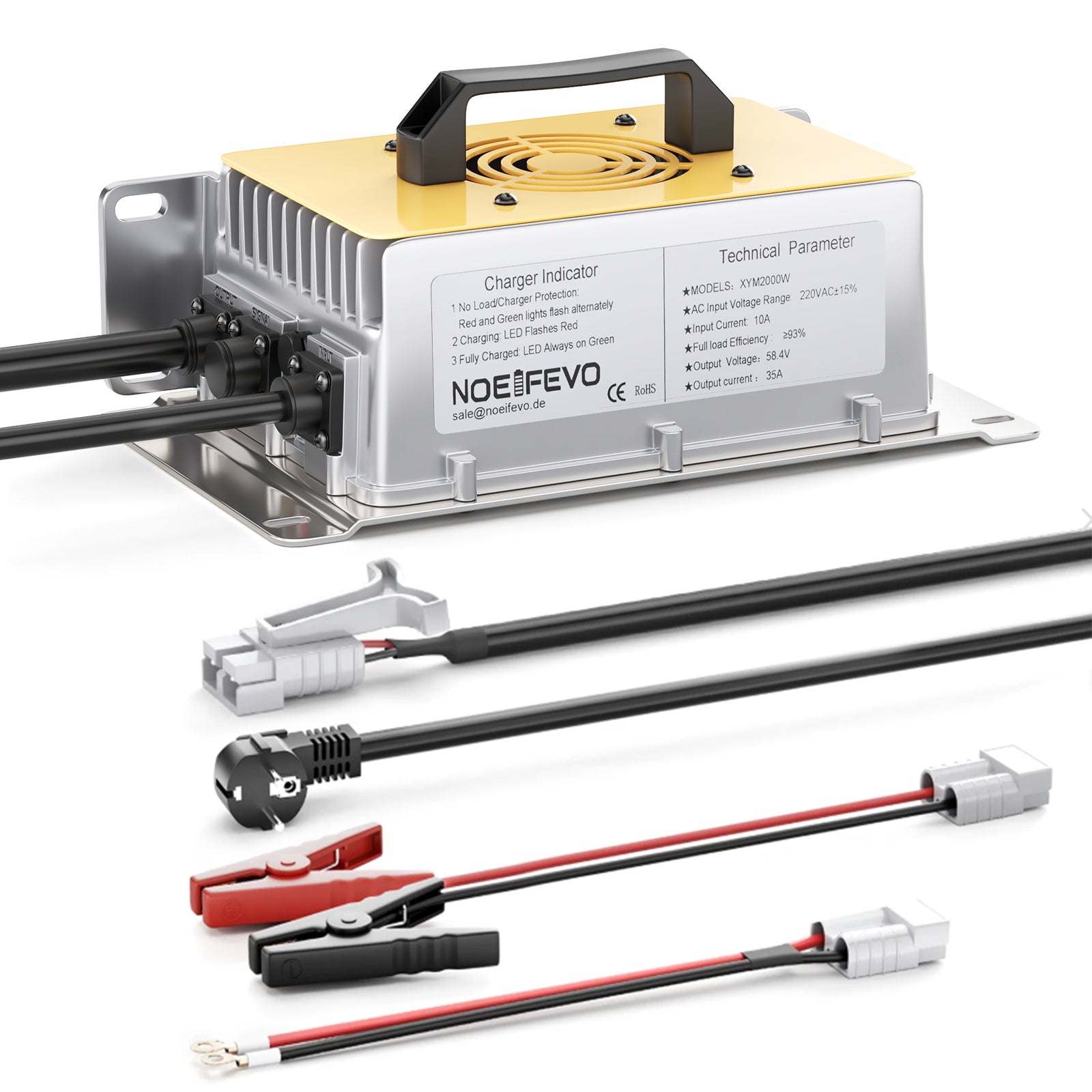 NOEIFEVO 58.4V 30A LiFePO4 batterilader for 51.2V (48V) 16S LiFePO4 batteri, vanntett, 0V BMS aktivert