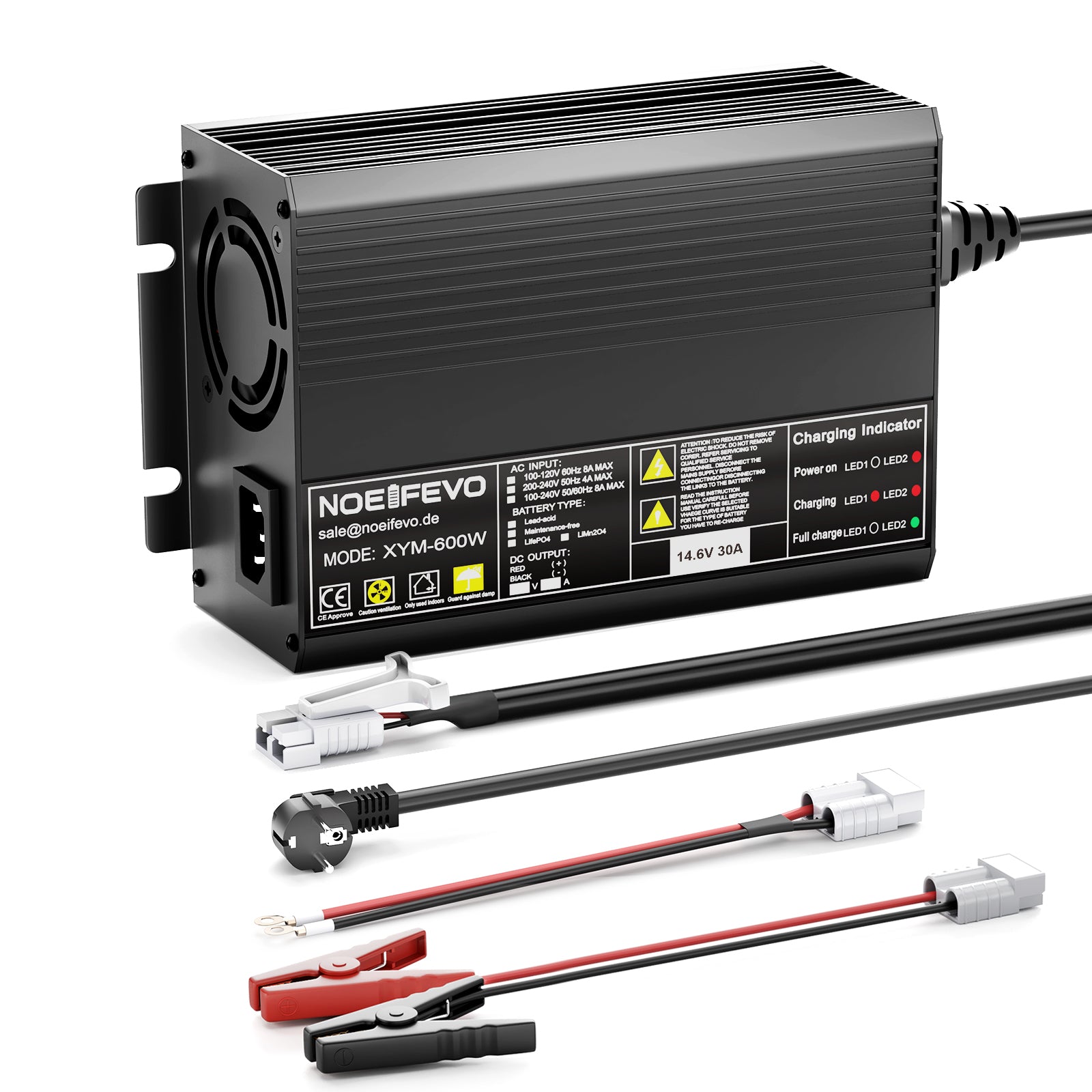 Noeifevo 12V 12,8V 30A LiFePO4 litio al batterie per Caricabatterie  , tensione di carica 14,6V, attivazione BMS 0V, spegnimento automatico, alloggiamento in alluminio