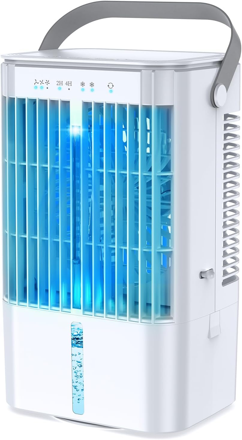 Mobil aircondition 4 i 1, energieffektiv mini-luftkjøler med stor vanntank (1200 ml), 3-trinns fordampingskjøling, 7-farget LED, timer og lavt støynivå for hjemmekontor og soverom