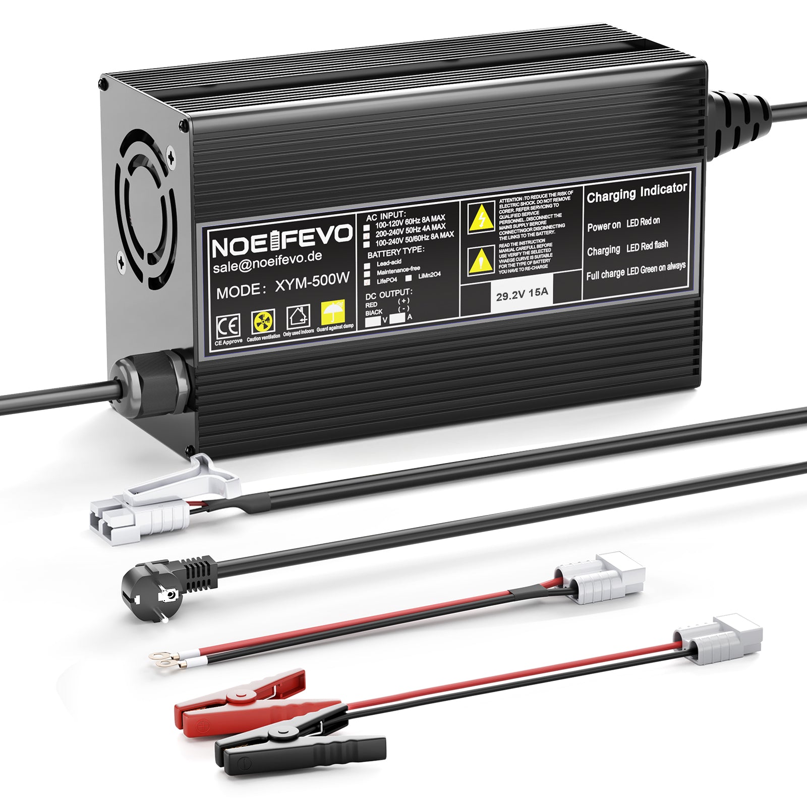 Noeifevo 29.2V 15A LiFePO4 batterijlader voor 24V 25.6V lithium batterij, 0V BMS activering, automatische uitschakeling met volledige bescherming