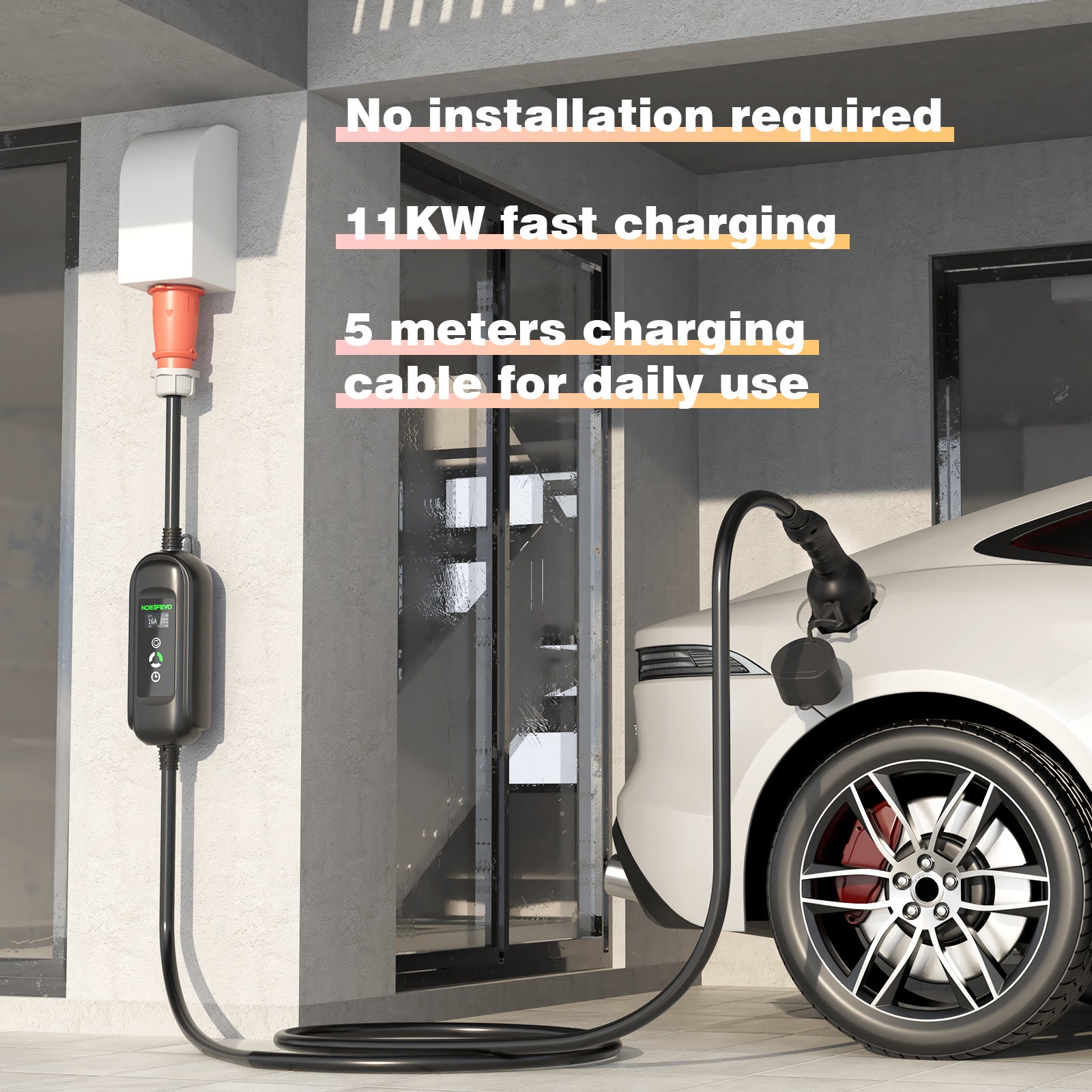 Noeifevo 11KW bilbatterilader, Type2 til CEE16A EV-lader med husholdningsadapter, 5m/10/15m