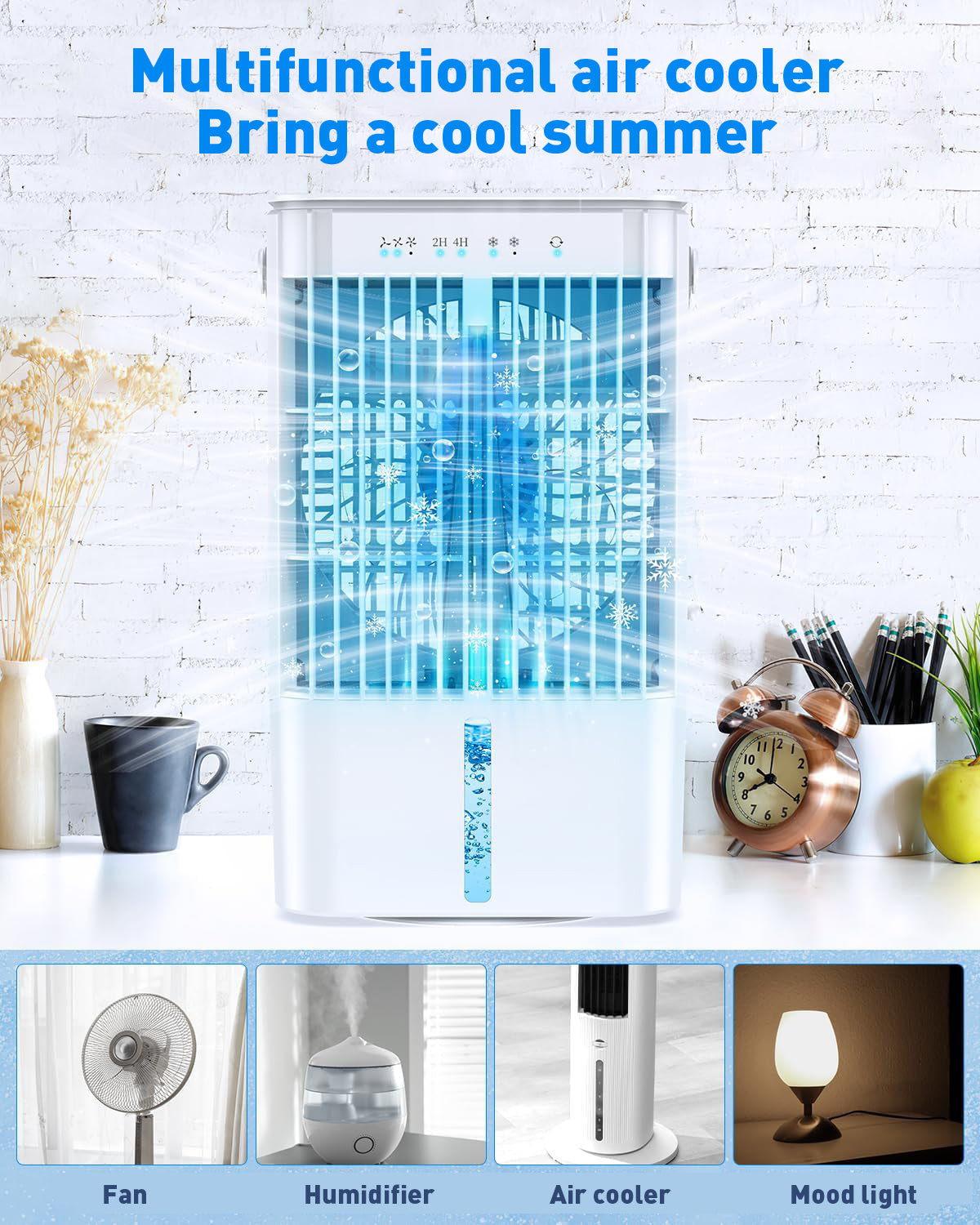 Mobil aircondition 4 i 1, energieffektiv mini-luftkjøler med stor vanntank (1200 ml), 3-trinns fordampingskjøling, 7-farget LED, timer og lavt støynivå for hjemmekontor og soverom