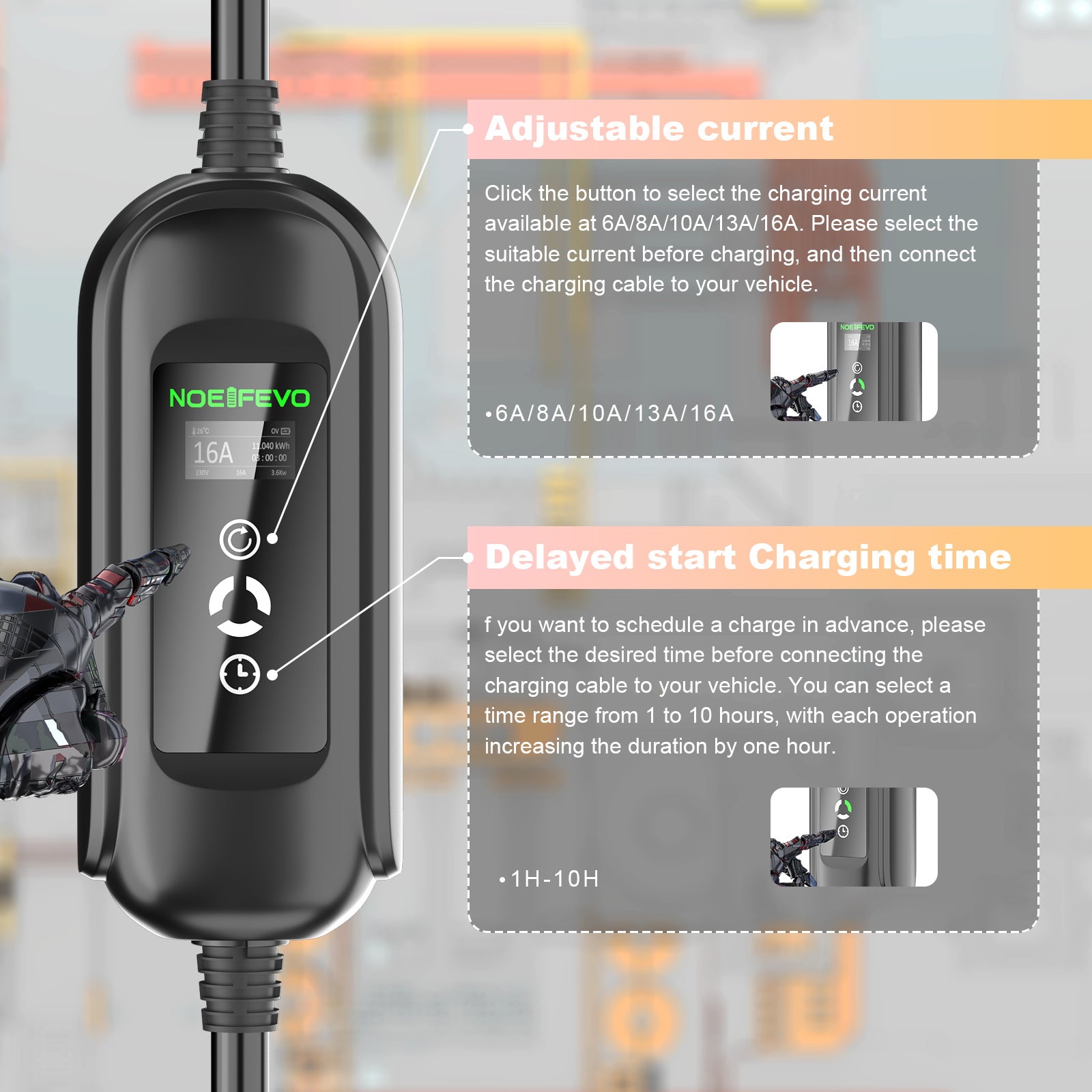 Noeifevo 11KW bilbatterilader, Type2 til CEE16A EV-lader med husholdningsadapter, 5m/10/15m