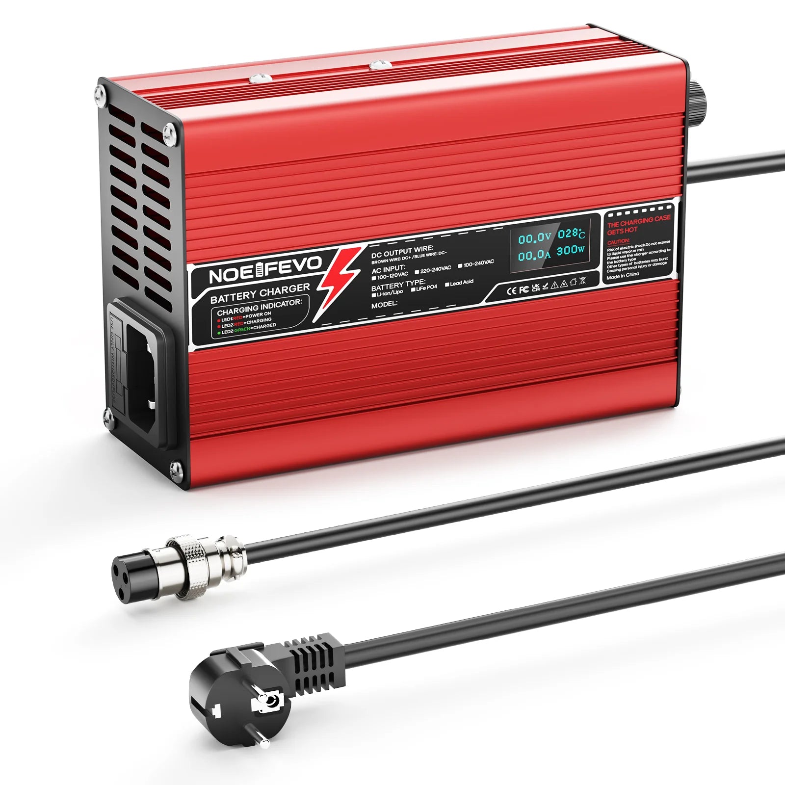NOEIFEVO 37V 6A 10S Caricabatterie per Litio, Tensione di Uscita 42V, Indicatore LED, per E-Bike, Scooter, Barca e Auto