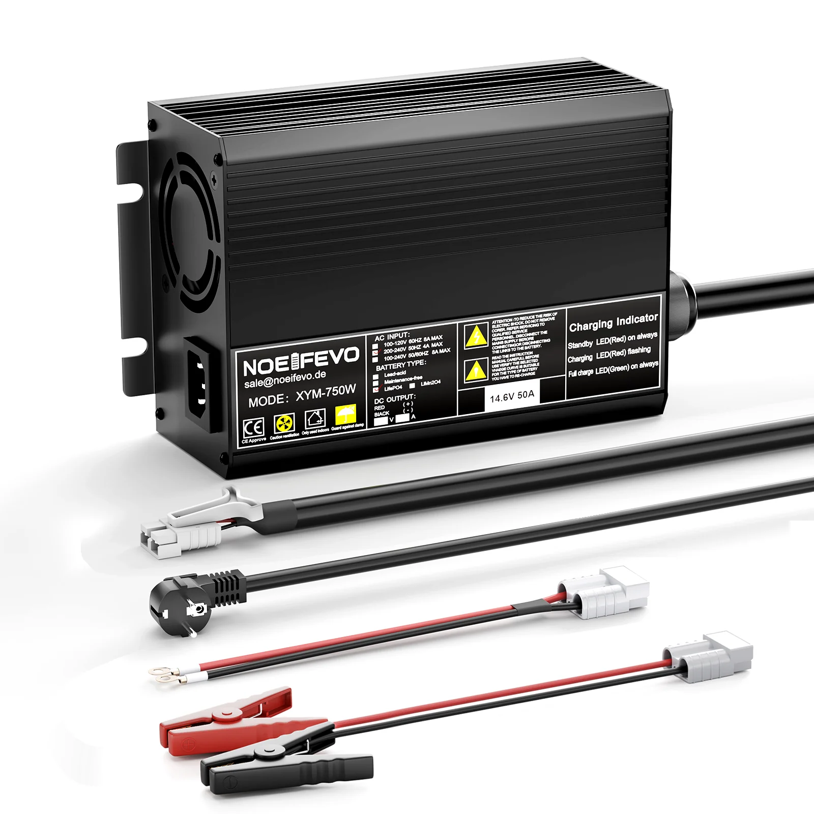Noeifevo 14,6 V 50A Carregador rápido de bateria de lítio LiFePO4 para bateria LiFePO4 de 12 V (12,8 V), ativação de 0 V BMS, desligamento automático com proteção total