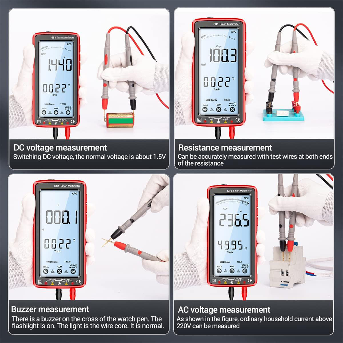 681 Multimetro digitale, dispositivo di misura multifunzione, ricaricabile, tensione AC/DC, tester di tensione senza contatto, schermo LCD, tester di corrente