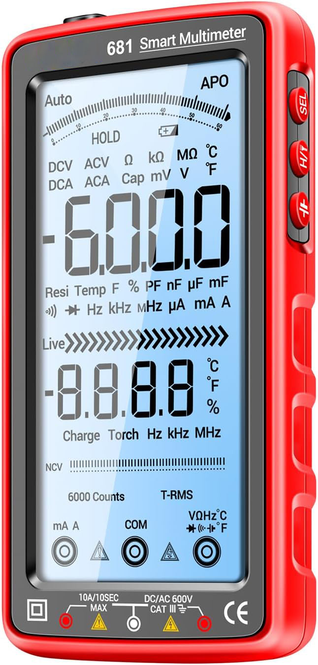 681 Multimetro digitale, dispositivo di misura multifunzione, ricaricabile, tensione AC/DC, tester di tensione senza contatto, schermo LCD, tester di corrente