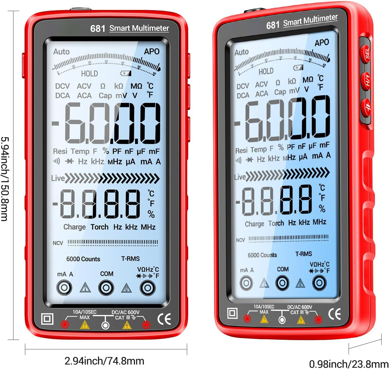 681 Multimetro digitale, dispositivo di misura multifunzione, ricaricabile, tensione AC/DC, tester di tensione senza contatto, schermo LCD, tester di corrente