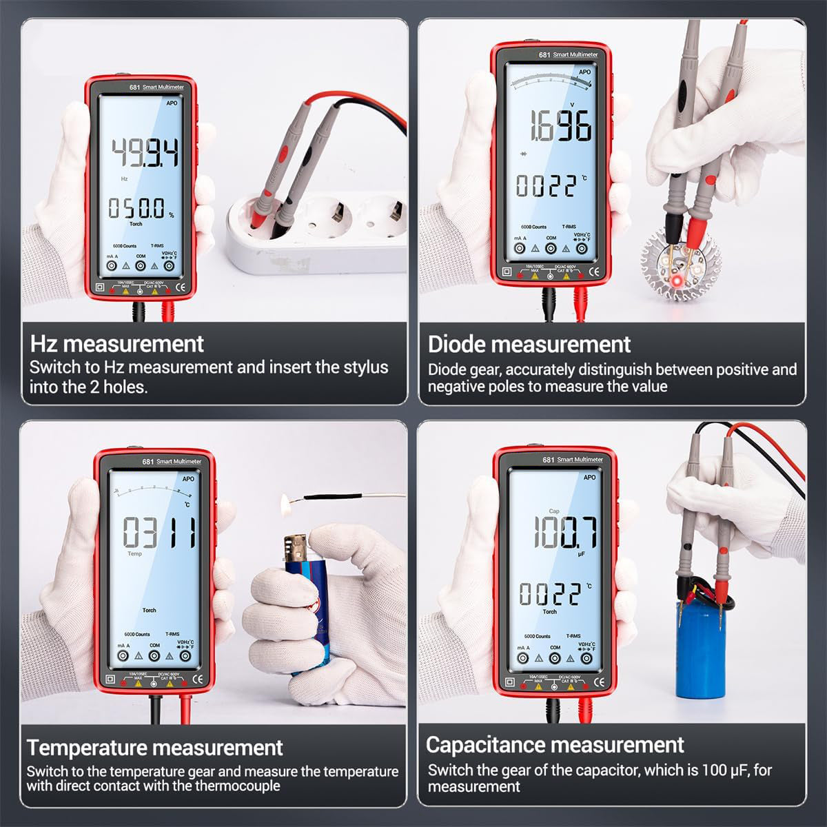 681 Multimetro digitale, dispositivo di misura multifunzione, ricaricabile, tensione AC/DC, tester di tensione senza contatto, schermo LCD, tester di corrente