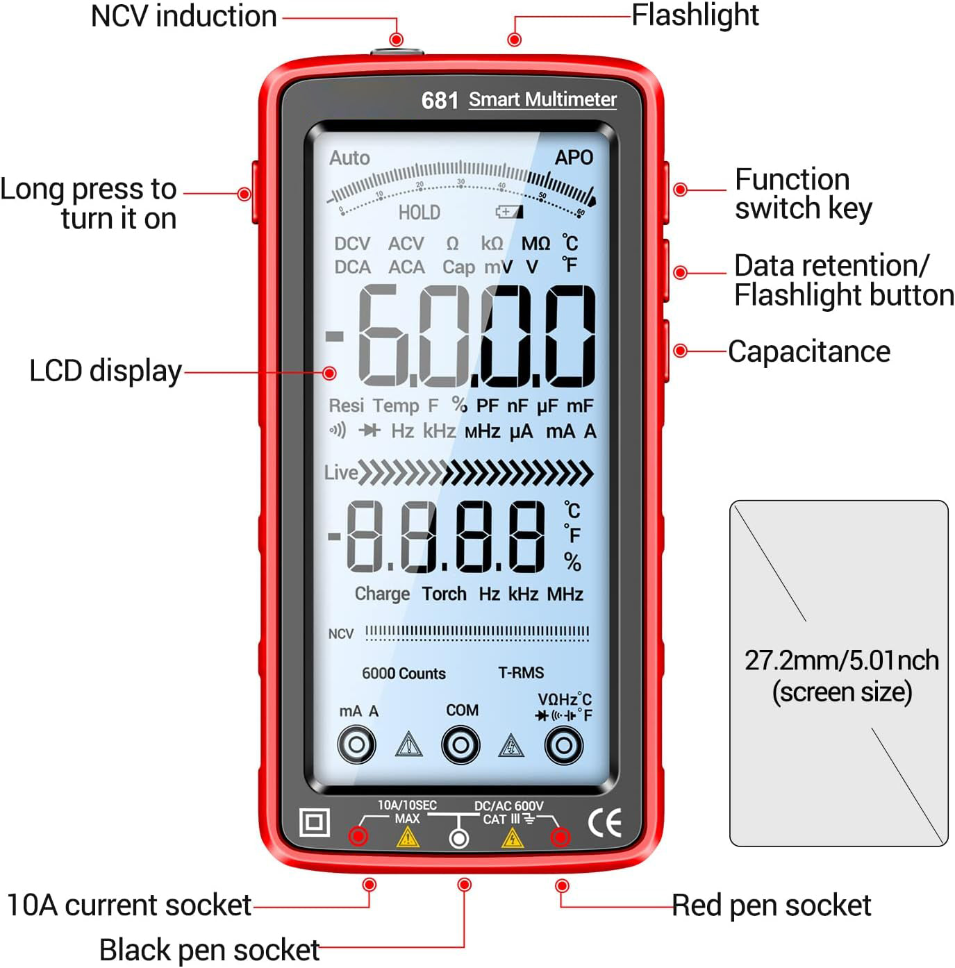 681 Multimetro digitale, dispositivo di misura multifunzione, ricaricabile, tensione AC/DC, tester di tensione senza contatto, schermo LCD, tester di corrente