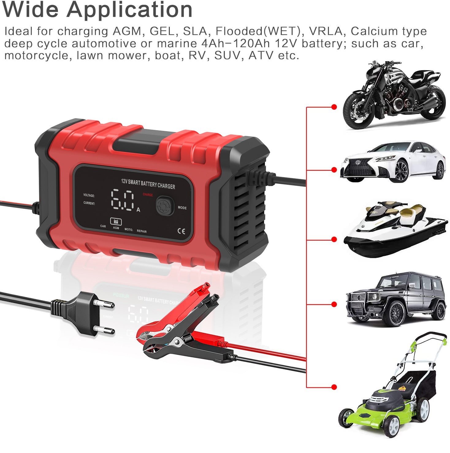 NOEIFEVO 6A Bilbatterilader, 12V Smart Fullautomatisk Bilbatterilader med Temperaturkompensasjon for Bil, Lastebil, Motorsykkel, Gressklipper, Båt og Marinebatterier