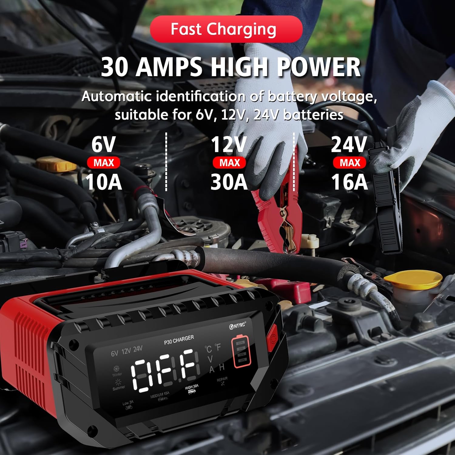 NOEIFEVO 6V 10A/12V 30A/24V 16A Slimme Batterijlader voor Autobatterijen, Motoren, Grasmaaiers, Boten, Geschikt voor Lithium, LiFePO4 en Loodzuurbatterijen (AGM, Gel, MF, EFB, SLA, VRLA, Nat)