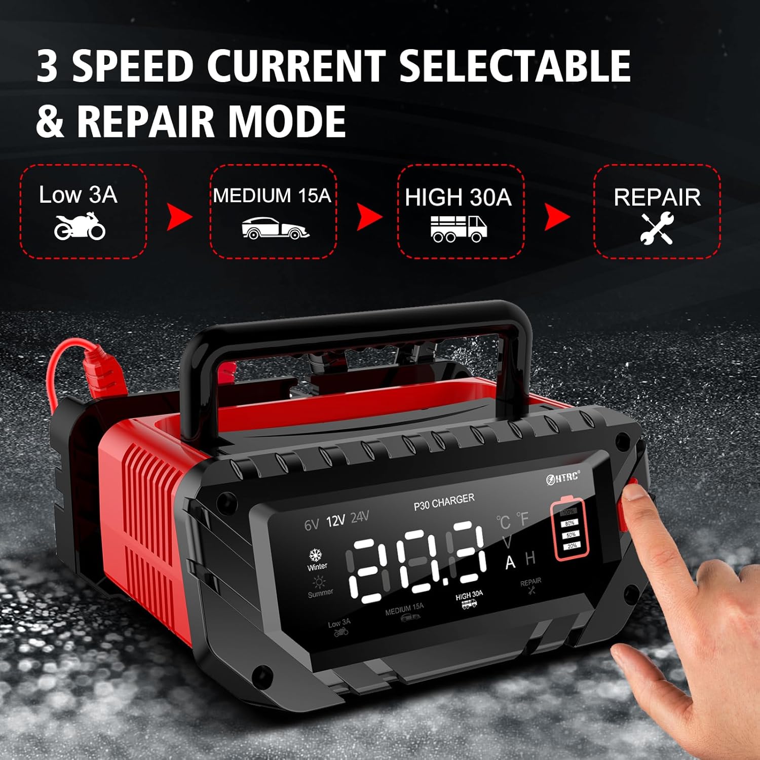 NOEIFEVO 6V 10A/12V 30A/24V 16A Slimme Batterijlader voor Autobatterijen, Motoren, Grasmaaiers, Boten, Geschikt voor Lithium, LiFePO4 en Loodzuurbatterijen (AGM, Gel, MF, EFB, SLA, VRLA, Nat)