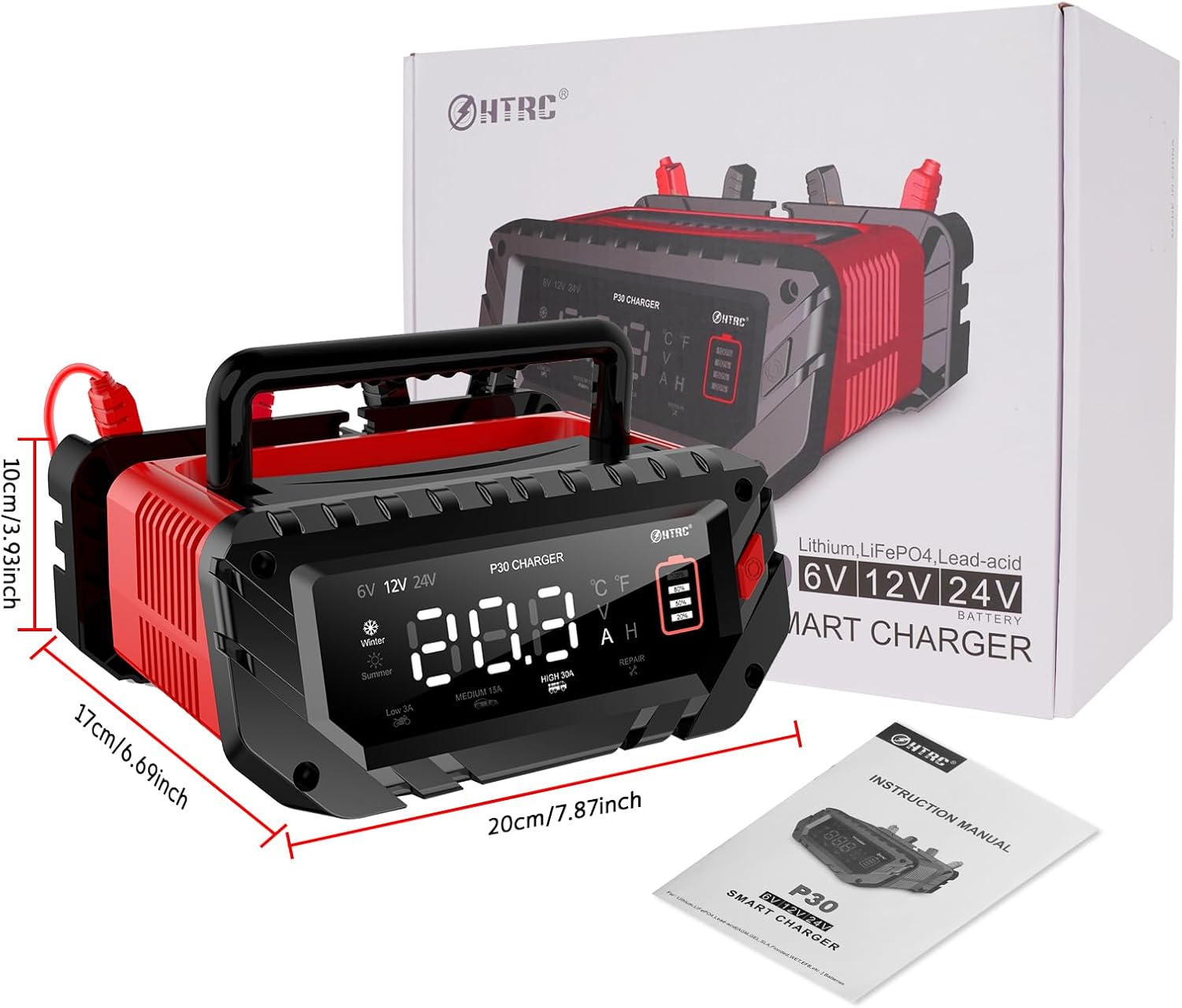 NOEIFEVO 6V 10A/12V 30A/24V 16A Slimme Batterijlader voor Autobatterijen, Motoren, Grasmaaiers, Boten, Geschikt voor Lithium, LiFePO4 en Loodzuurbatterijen (AGM, Gel, MF, EFB, SLA, VRLA, Nat)