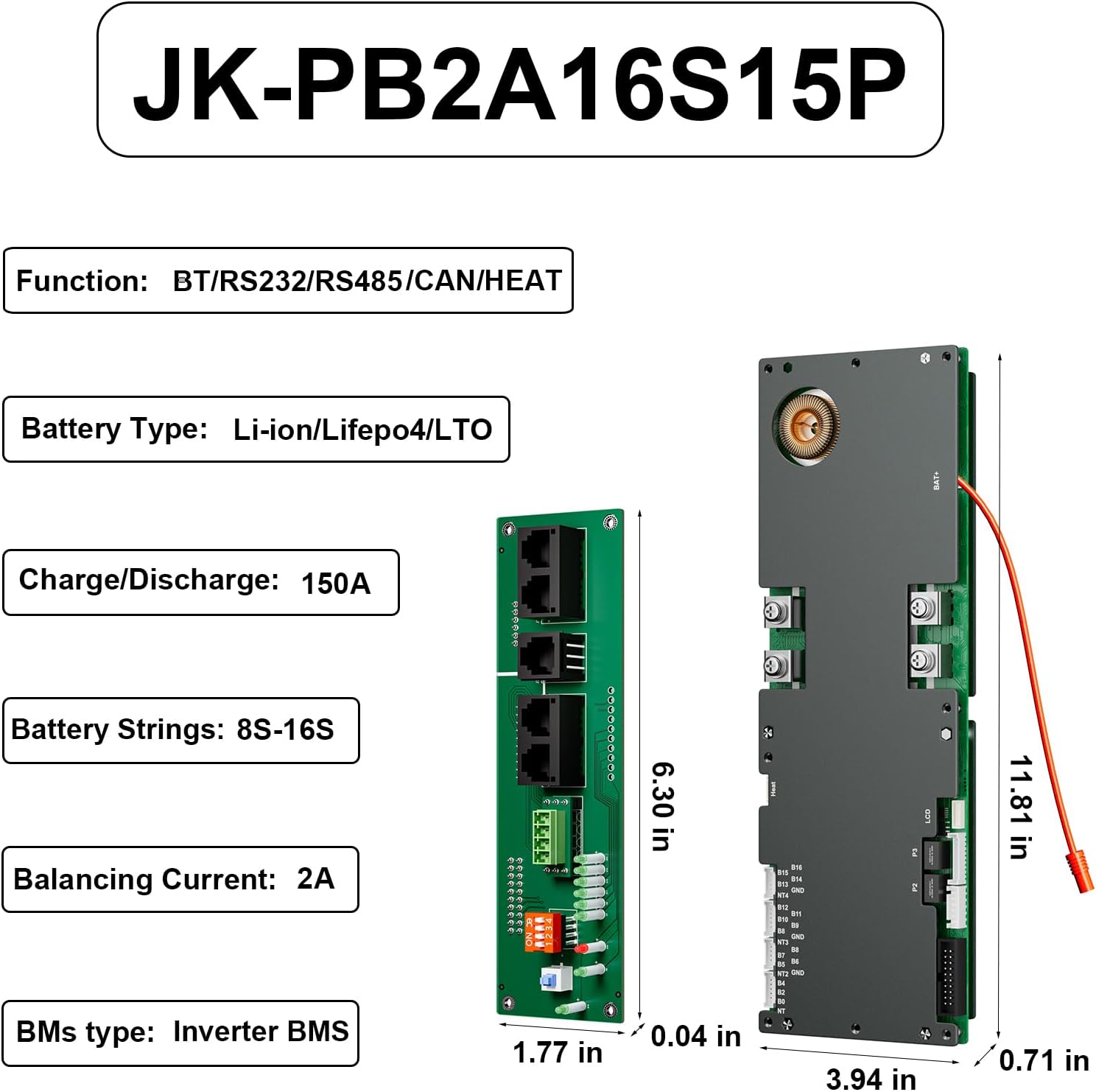 BMS 8S-16S 24V-48V 100A/150A Sistema di accumulo di energia domestica BMS 1A/2A bilanciamento attivo Bluetooth integrato con RS485 CAN per sistema solare