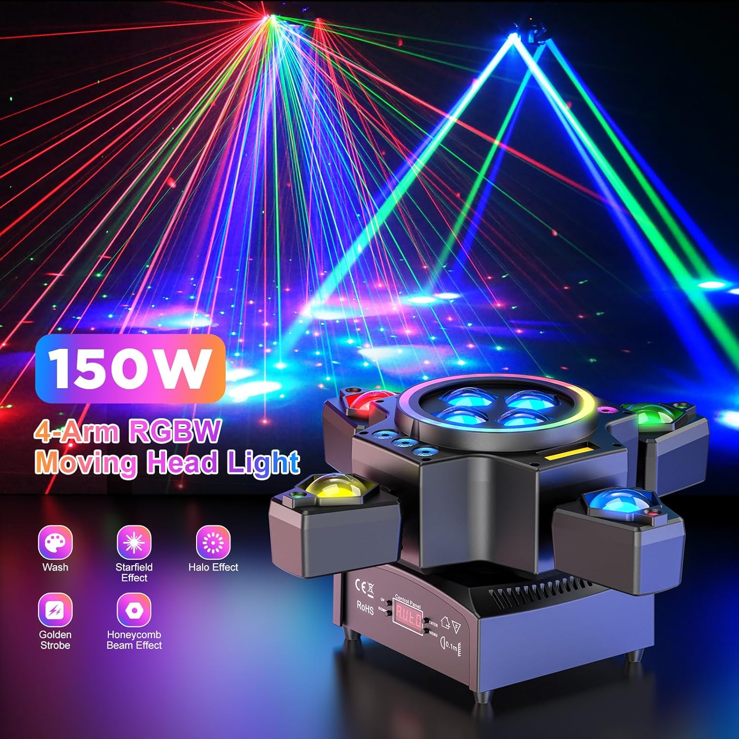 120W scenelys 4-i-1 RGBW moving head lyseffekt laserlys projektor partyslys med fjernkontroll for disco, DJ, bar, bursdagsfest