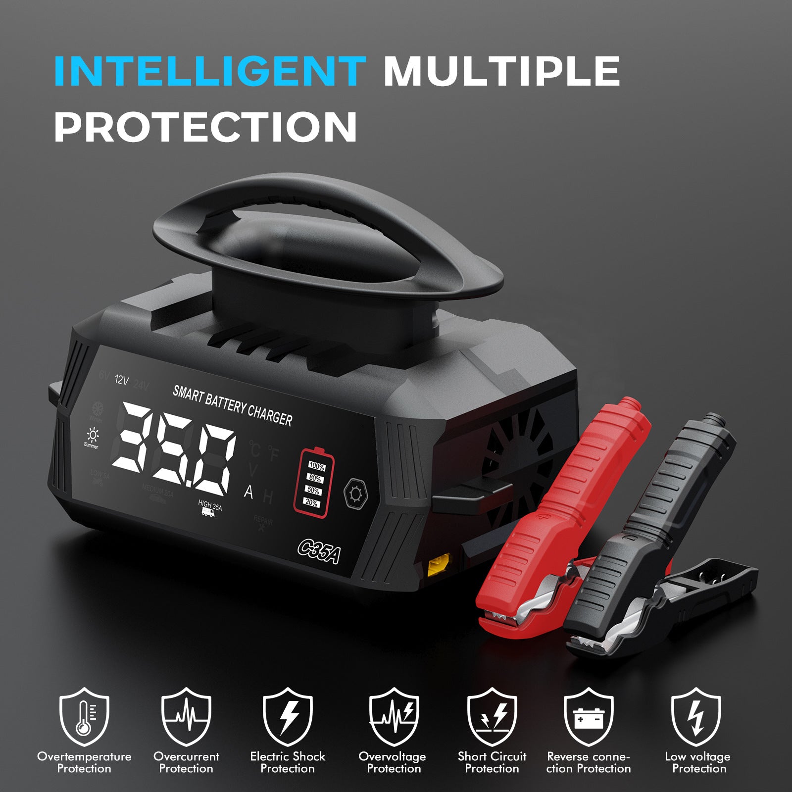 NOEIFEVO 6V 10A / 12V 35A / 24V 18A Universele acculader voor auto's voor lithium-, LiFePO4-, loodzuur-, AGM- en natte accu's, 9-traps slimme onderhoudslader met 3 stroominstellingen