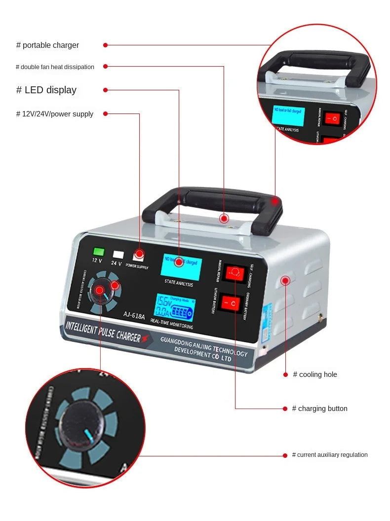 Smart batterilader 12V 30A / 24V 15A, bilbatterilader med vedlikehold og smart pulserende reparasjon for bil, lastebil, båt og motorsykkel
