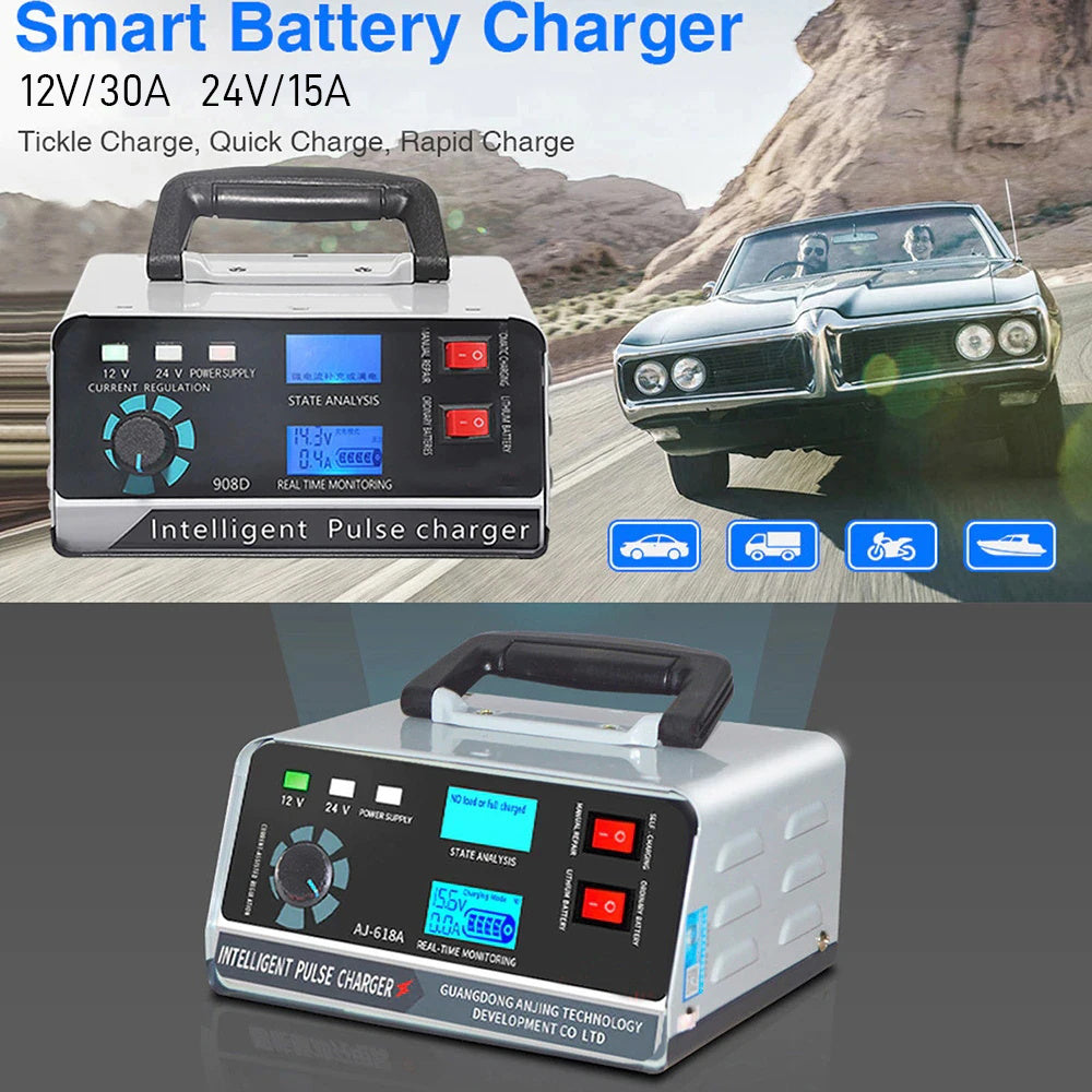 Smart batterilader 12V 30A / 24V 15A, bilbatterilader med vedlikehold og smart pulserende reparasjon for bil, lastebil, båt og motorsykkel