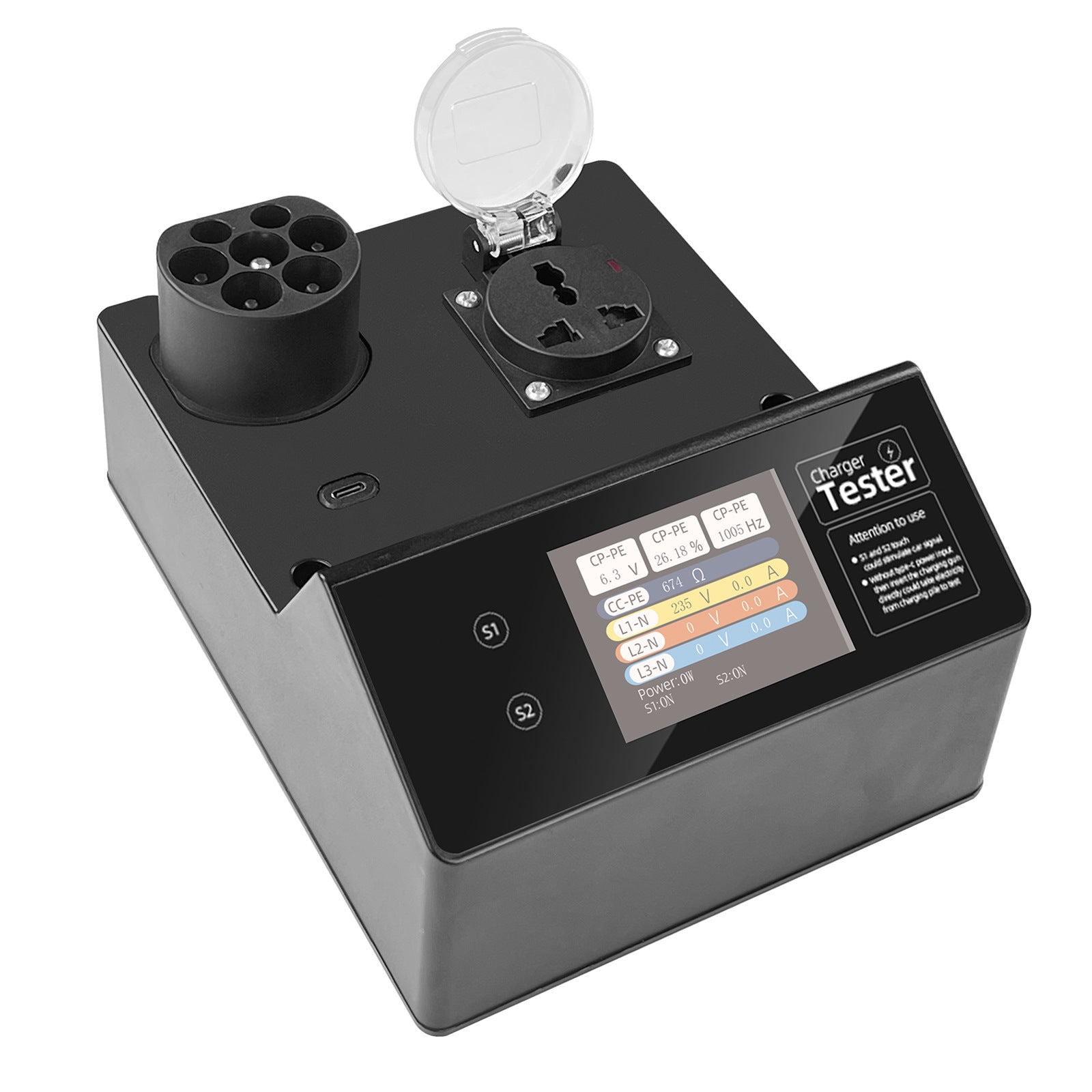 Type-2 EV-ladestasjonstester med LED-indikator – 32A korttidsbelastning, S1/S2 kjøretøysignal-simulering, IP54, for EU-standard ladestasjoner