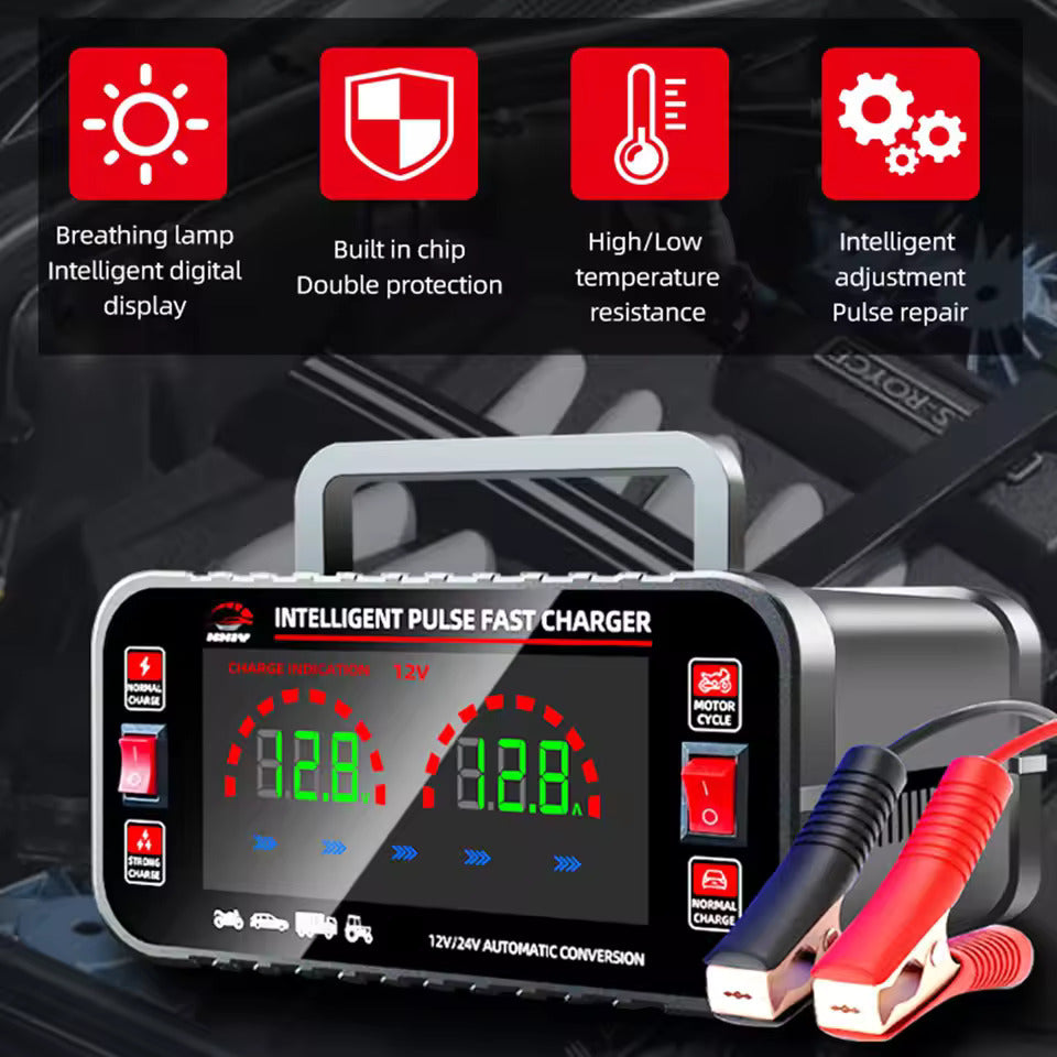 12 10A / 24V 5A Caricabatterie per auto completamente automatico Caricabatterie per auto con riparazione a impulsi intelligenti Caricabatterie per batteria di motocicletta