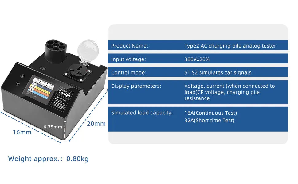 Type-2 EV-ladestasjonstester med LED-indikator – 32A korttidsbelastning, S1/S2 kjøretøysignal-simulering, IP54, for EU-standard ladestasjoner