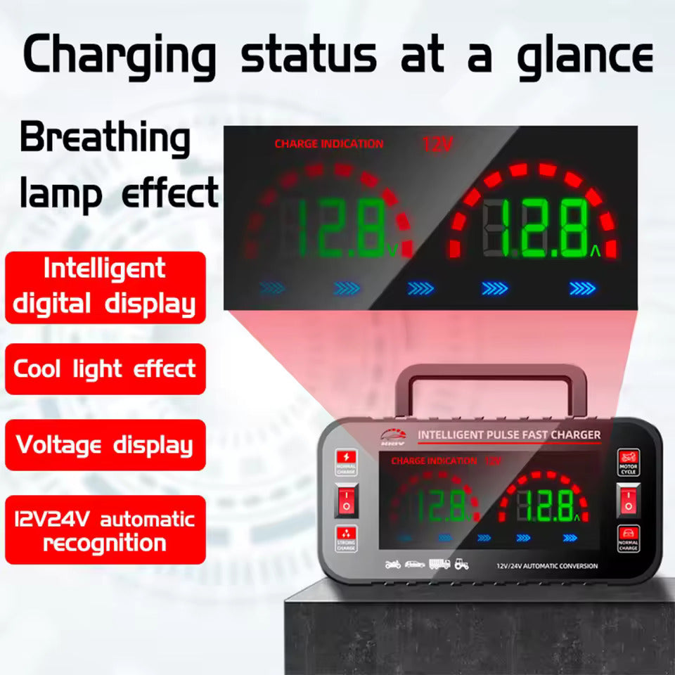 12 10A / 24V 5A Caricabatterie per auto completamente automatico Caricabatterie per auto con riparazione a impulsi intelligenti Caricabatterie per batteria di motocicletta