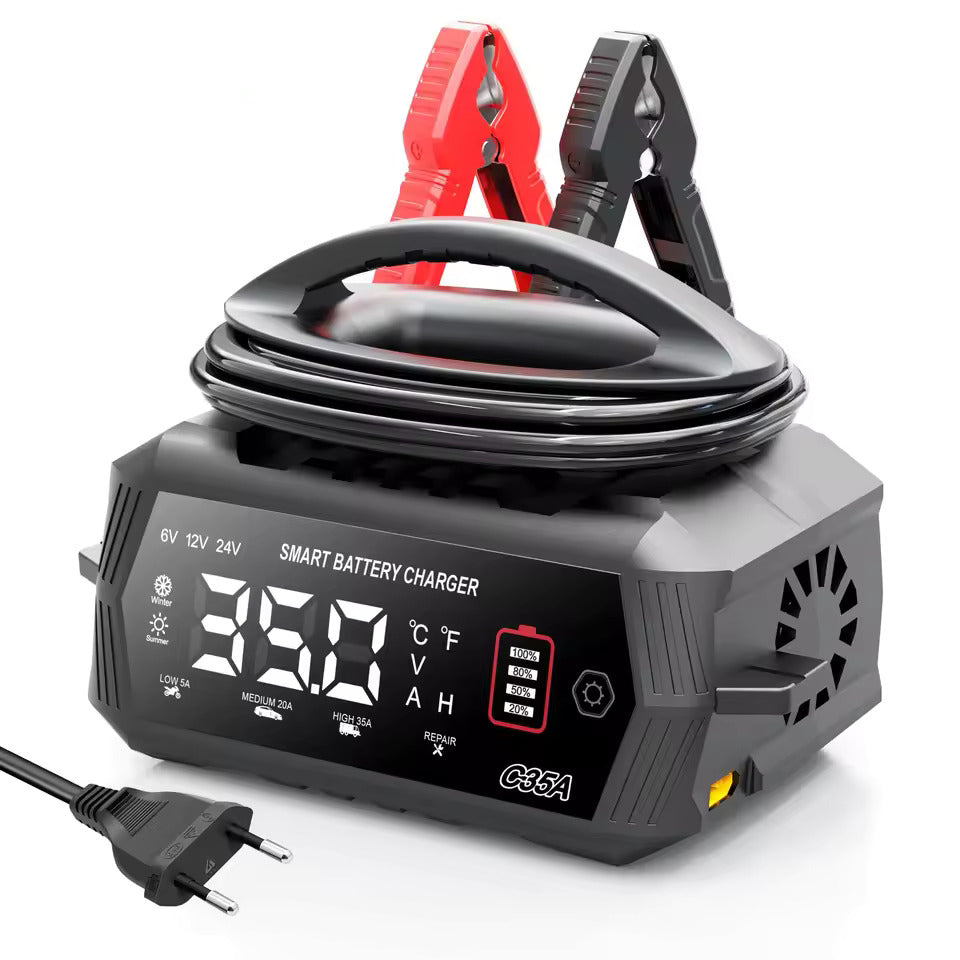 NOEIFEVO 6V 10A / 12V 35A / 24V 18A Universele acculader voor auto's voor lithium-, LiFePO4-, loodzuur-, AGM- en natte accu's, 9-traps slimme onderhoudslader met 3 stroominstellingen
