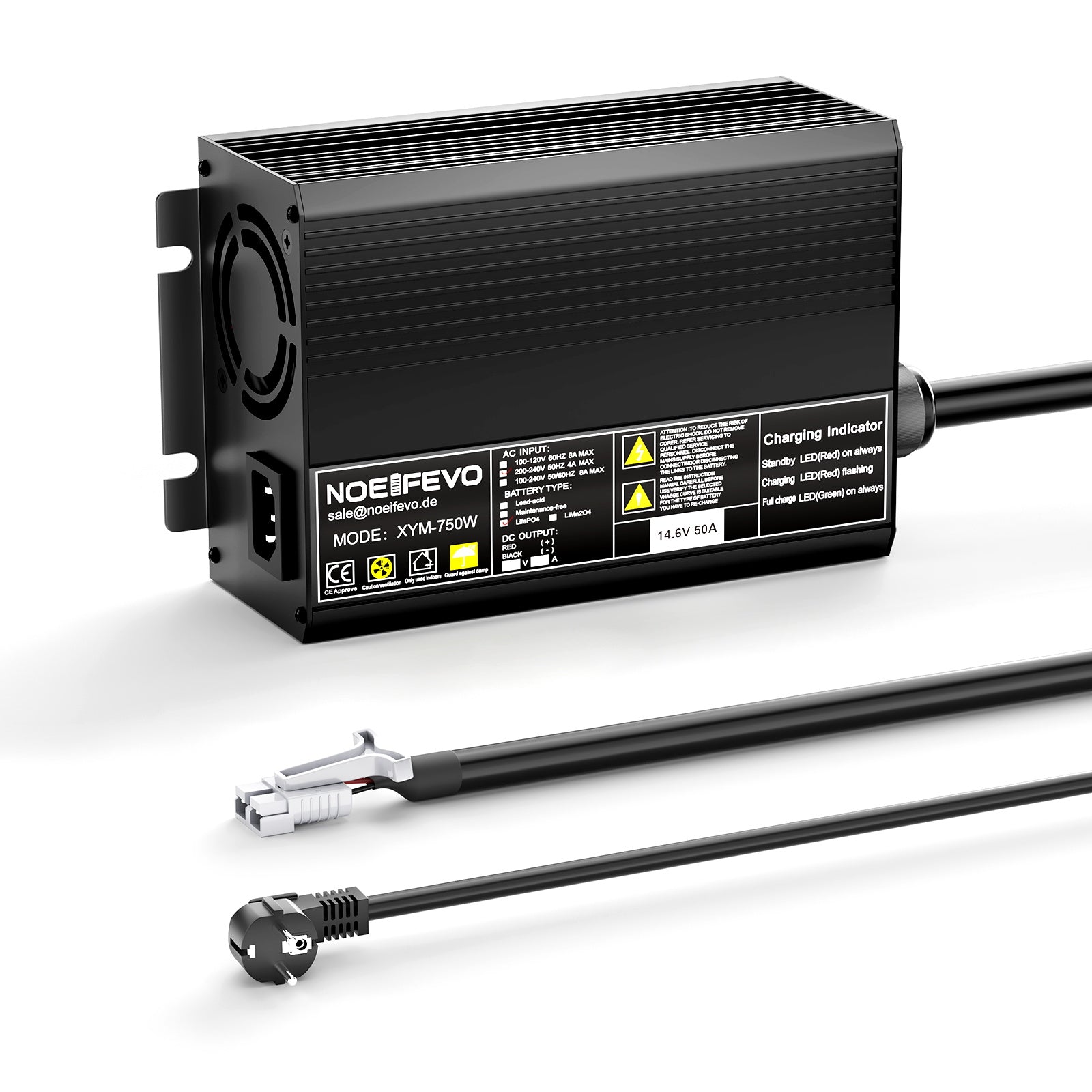 Noeifevo 14,6V 50A Rychlá nabíječka lithiových baterií LiFePO4 pro 12V (12,8V) LiFePO4 baterii, 0V BMS aktivace, automatické vypnutí s plnou ochranou