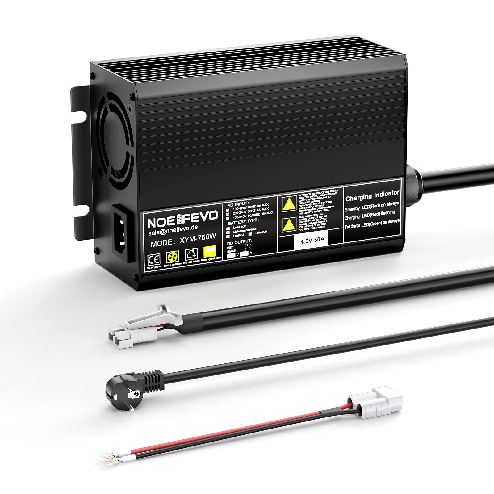 Noeifevo 14,6V 50A Rychlá nabíječka lithiových baterií LiFePO4 pro 12V (12,8V) LiFePO4 baterii, 0V BMS aktivace, automatické vypnutí s plnou ochranou