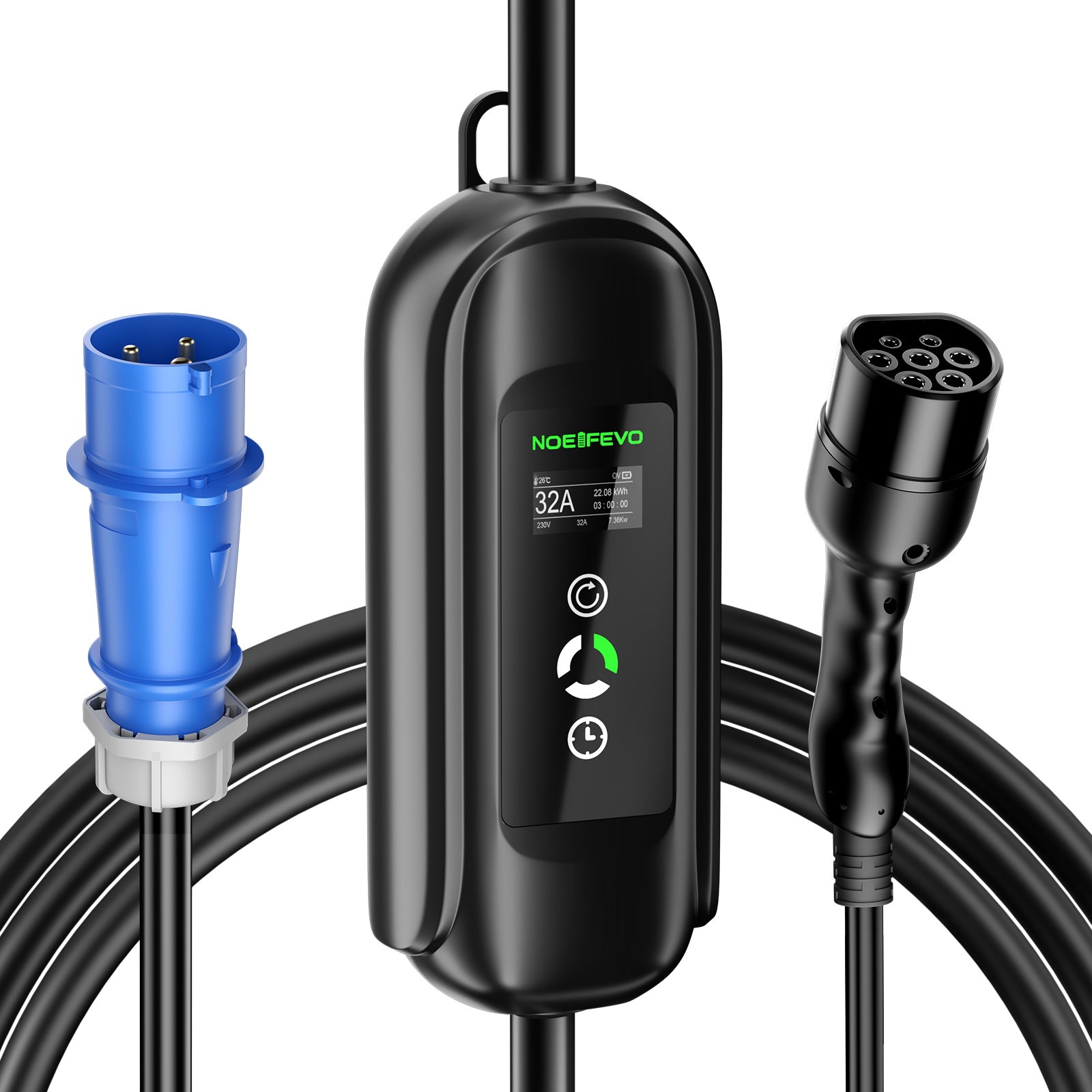 NOEIFEVO 7,2KW EV ladekabel, type 2 32A 1 fase EV lader, mobil EVSE ladestasjon med CEE Blue plugg
​