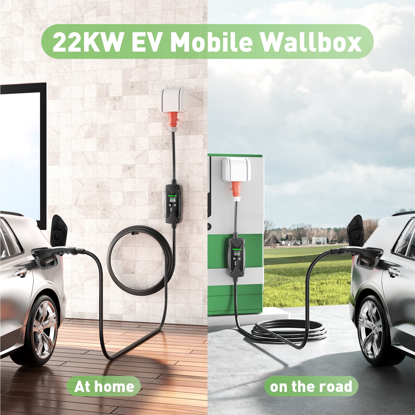 22KW 32A 3 fase mobiele EV inbouwdoos, Type 2 snellader voor elektrische voertuigen, 5 meter kabel, CEE 32A stekker.