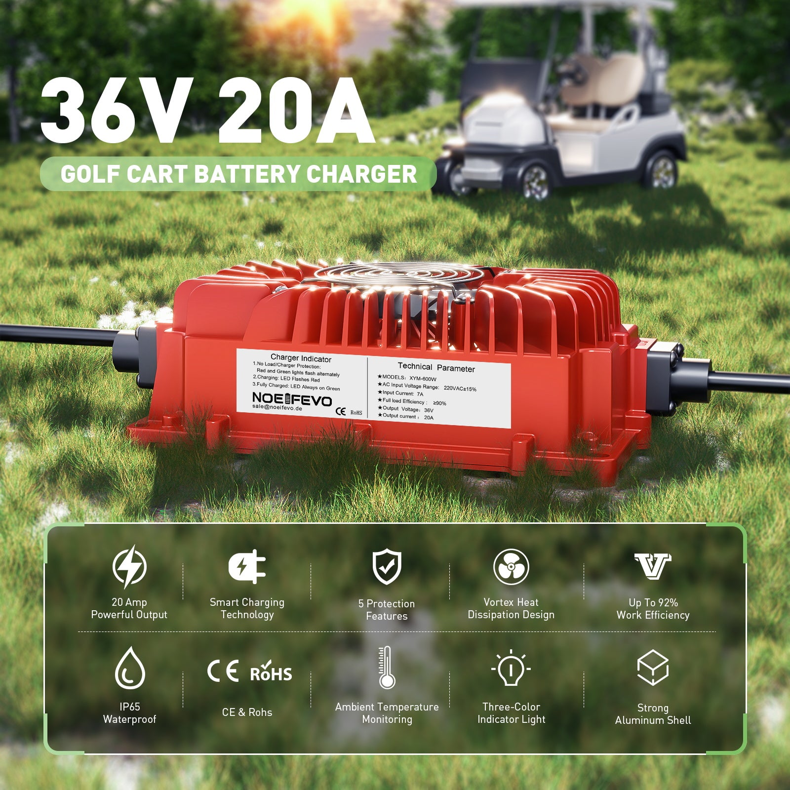 NOEIFEVO 36V 20A golfvogn batterilader med EZGO TXT D plugg for blybatterier, AGM, gel