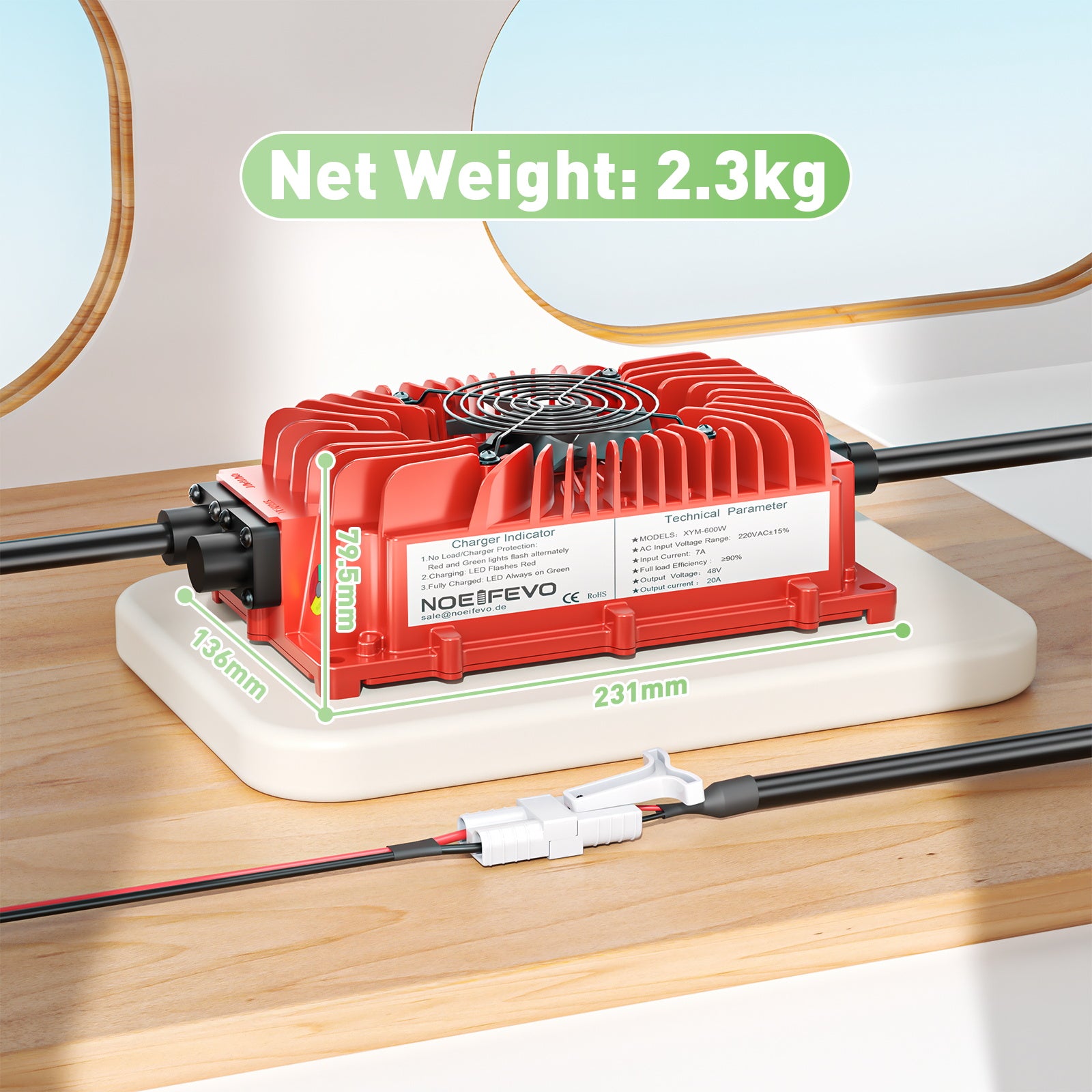 NOEIFEVO 48V 20A batterilader for blybatterier, AGM, gel, golfvogn batterilader